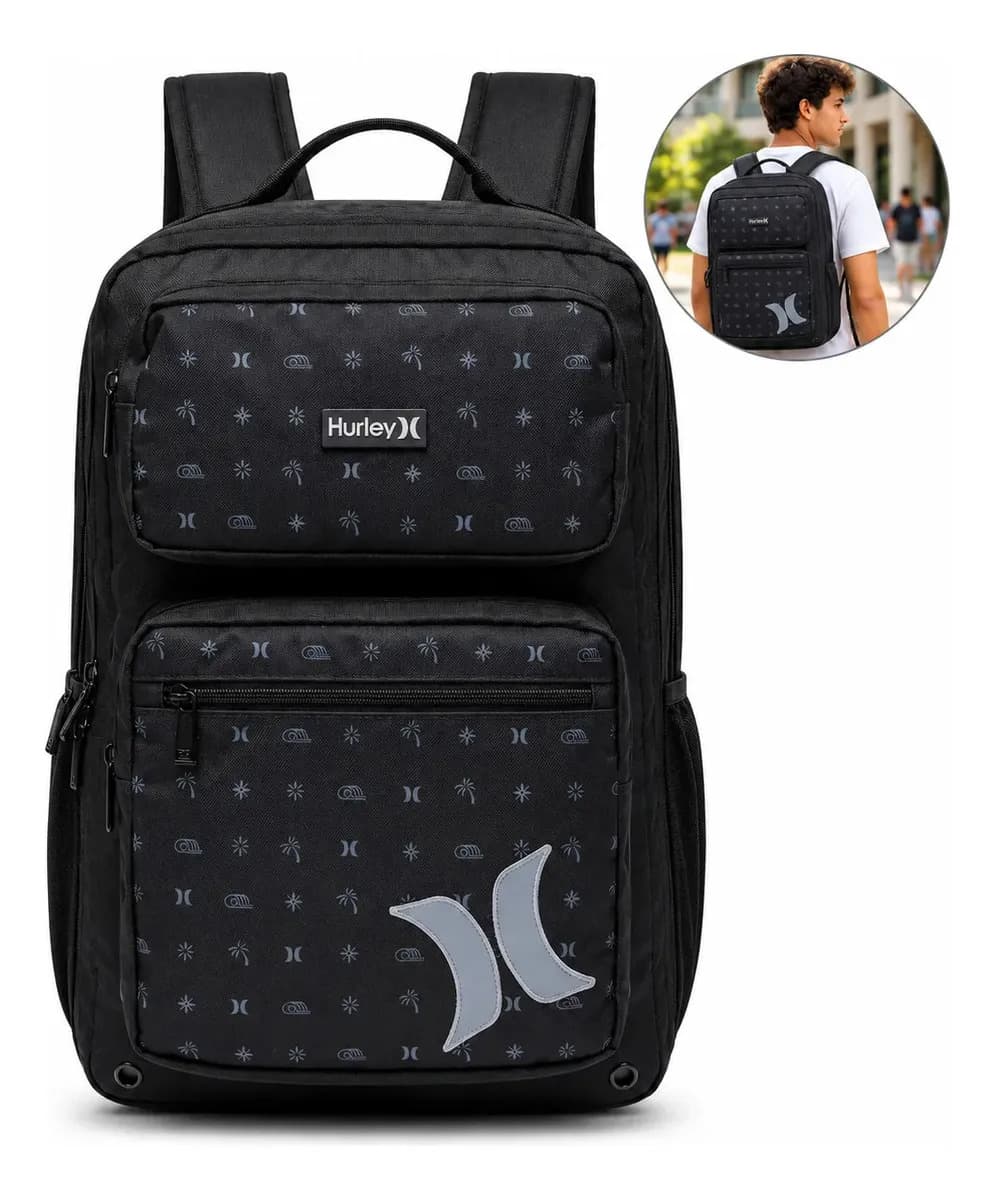 Mochila Hurley Executiva 18L para Notebook 15 Polegadas, Mochila Notebook, Mochila Viagem, Mochila Escolar, Mochila Preta para Adulto, 3 Bolsos Frontais, Alças Acolchoadas e Bolso Lateral para Garrafa