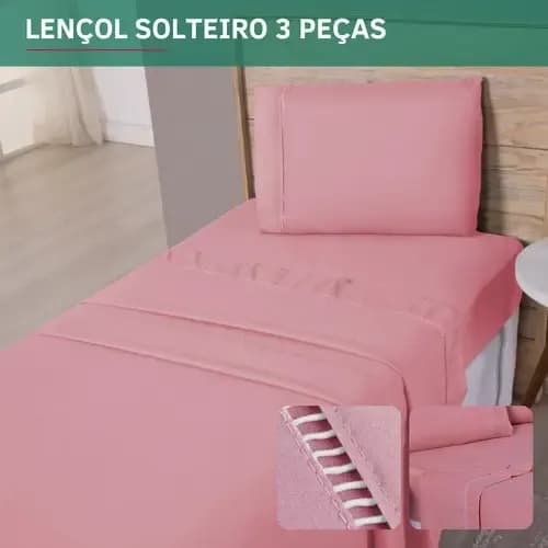 Jogo De Cama Solteiro 3 Peças Percal 400 Fios Fronha Ponto Palito Lençol Elástico Toque Aveludado Cor Rose Premium