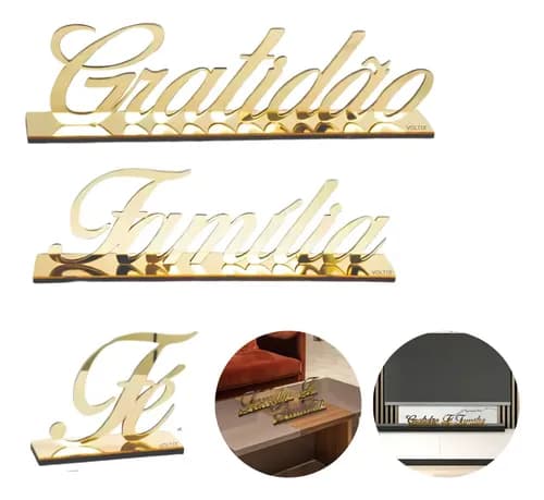 Kit 3 Base De Mesa Acrílico Dourado Família Gratidão Fé Para Quarto Sala Palavra Decoração Enfeite Casa Espelhado Mdf Letras Voltix Cristã Religiosa