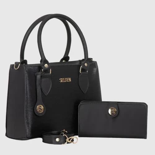 Kit Bolsa Media Feminina Transversal E De Mão Com Carteira Acambamento dos ferragens Ouro Cor Preto Desenho do tecido Lisa