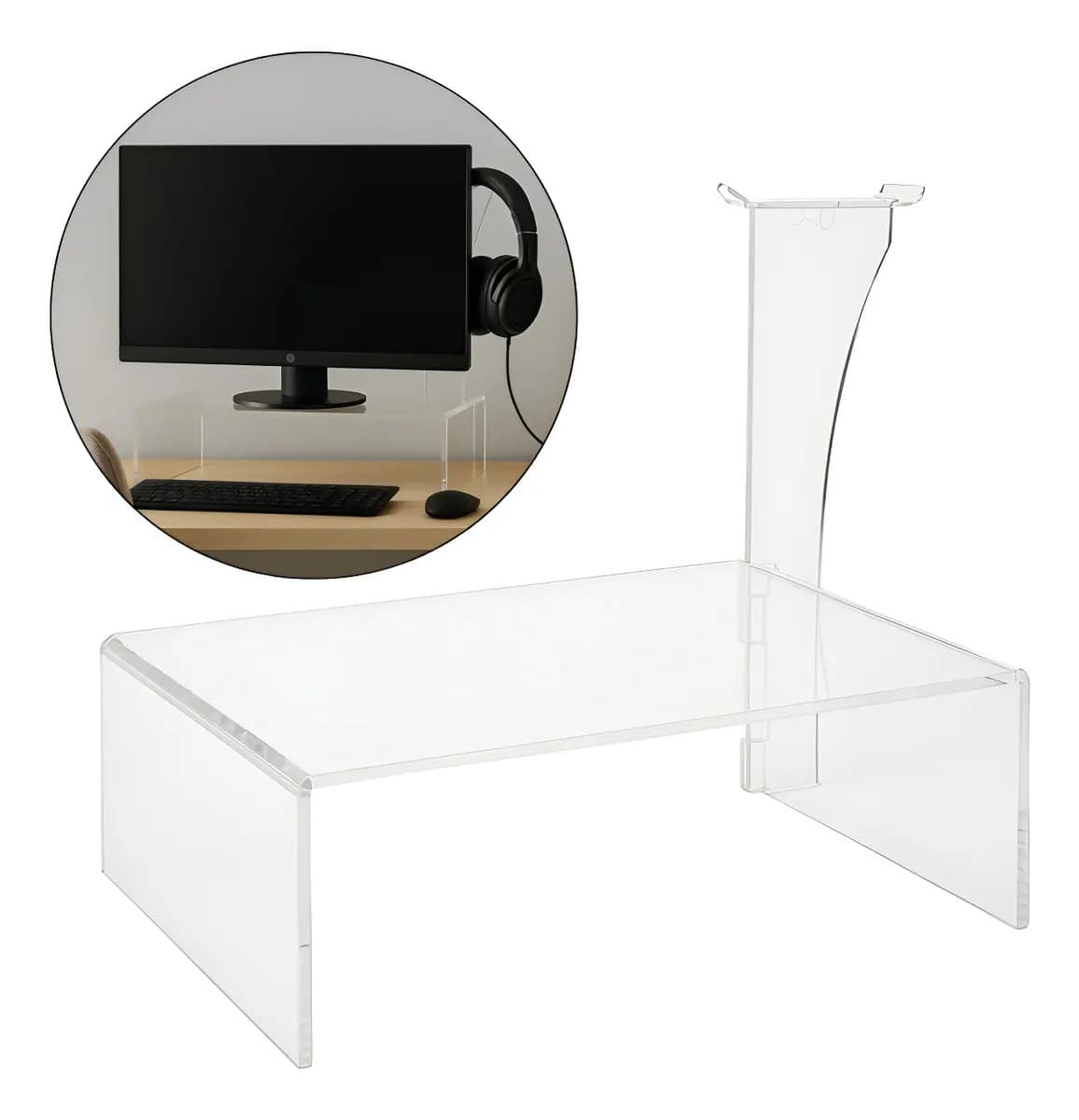 Suporte Monitor + Headset Elevado Transparente Gamer Setup