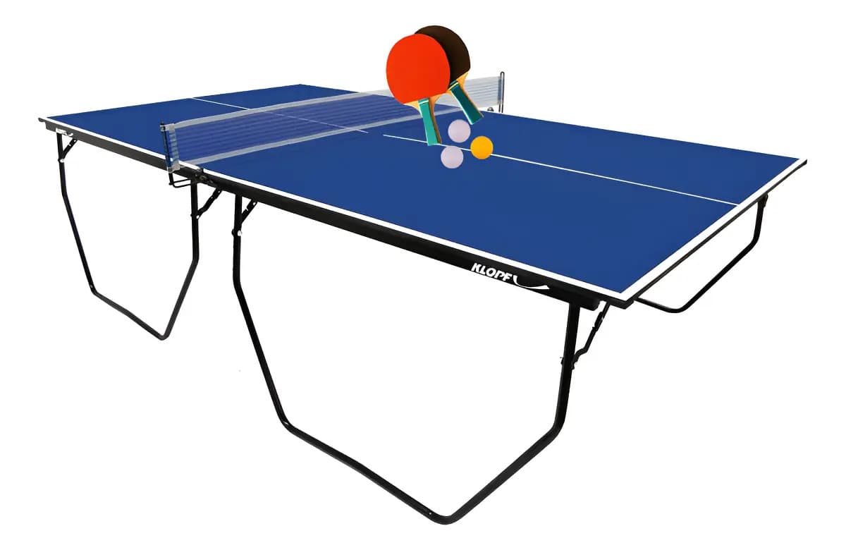 Mesa Ping Pong Klopf 15mm Dobrável Azul com Rodas + Kit Raquetes