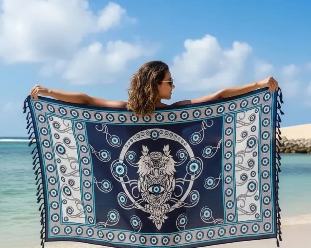 Canga De Praia Olho Grego Saída De Praia Moda Verão Coruja Olho Grego Azul - Canga Único
