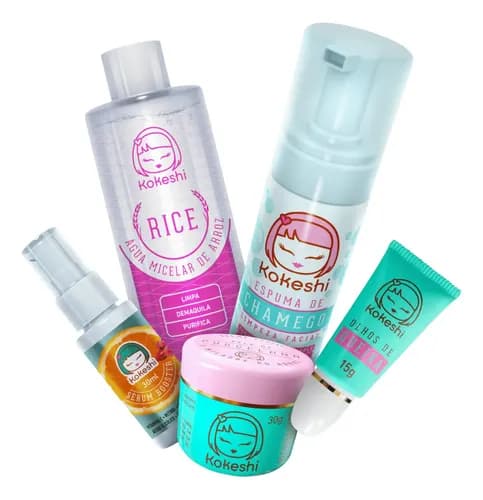 Kit Rotina Skincare Kokeshi 5 Produtos Com Óleo e farinha de arroz Ácido hialurônico Vitamina C Óleo de rosa mosqueta Chá verde e sálvia Água do arroz