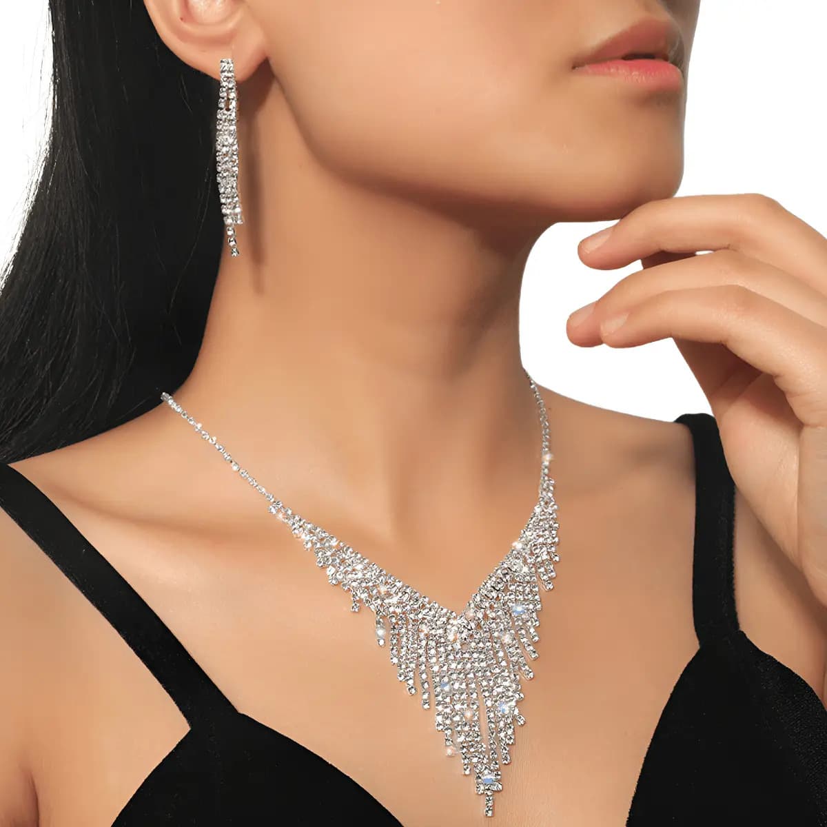 Conjunto Colar E Brinco Strass Prateado Noivas Madrinhas