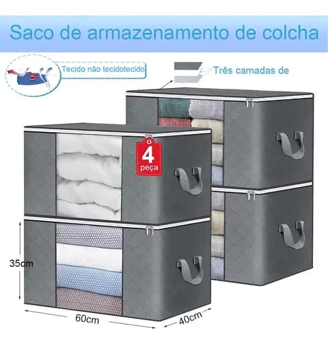 Kit 4 Saco Organizador Edredon Cobertor Multiuso Dobrável Cinza