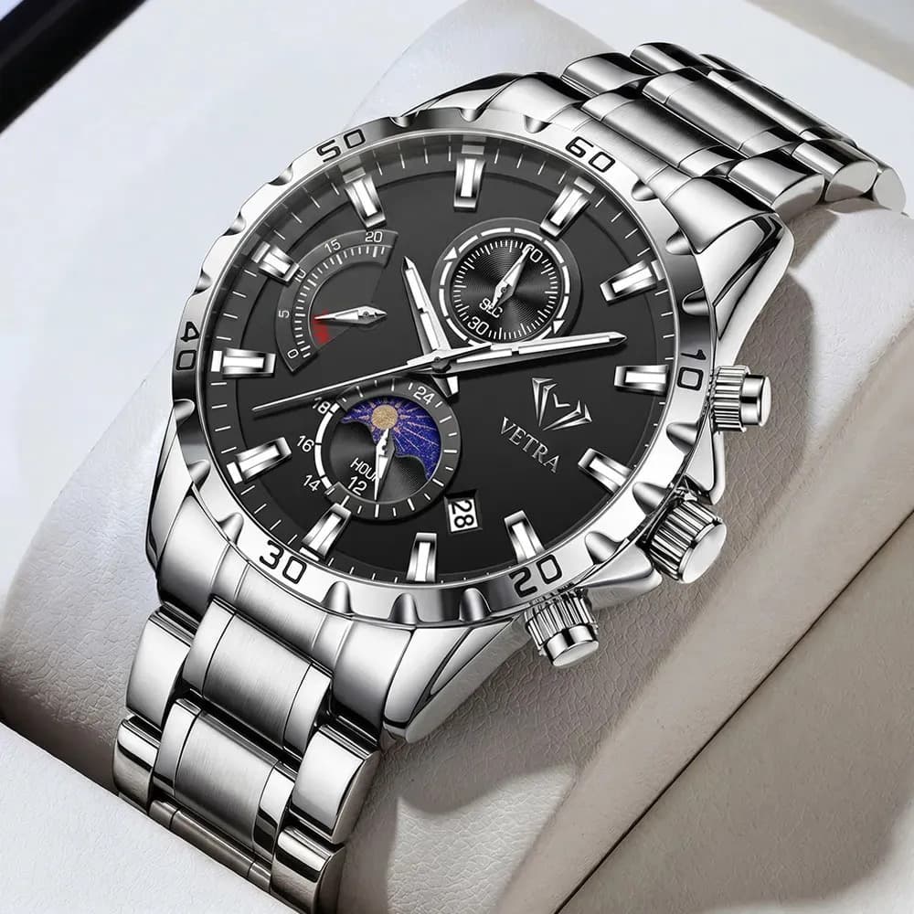 Vetra Relógio Masculino Social Relogio Quartz Luminoso 8888 Prateado Preto
