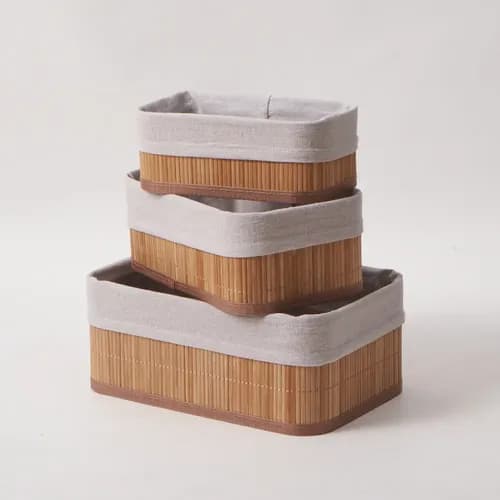 Kit 3 Cestos Organizador De Bambu Multiuso Com Forro Cozinha Bege