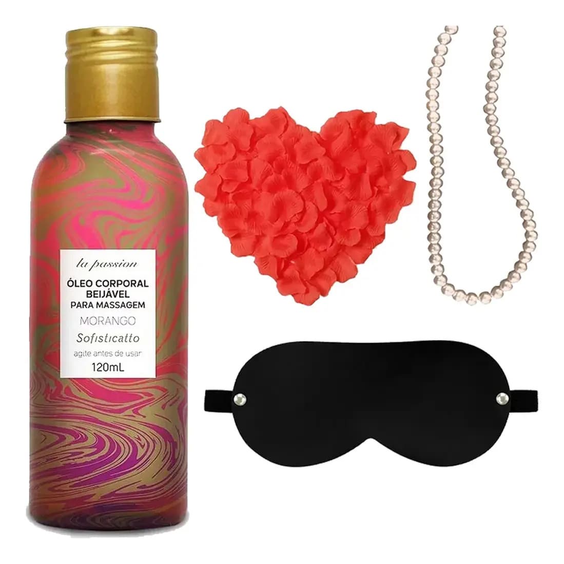 Kit Óleo Massagem Morango + Pétalas + Venda + Colar