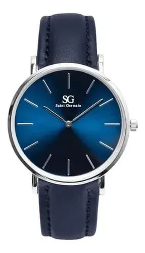 Relógio Masculino Saint Germain Prateado Azul Pulseira De Couro Riverdale 40mm Fundo Azul