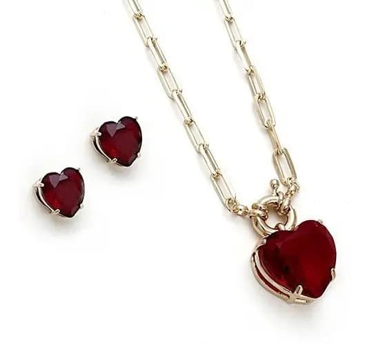 Conjunto Colar E Brinco Coração Vermelho Pedra Zirconia