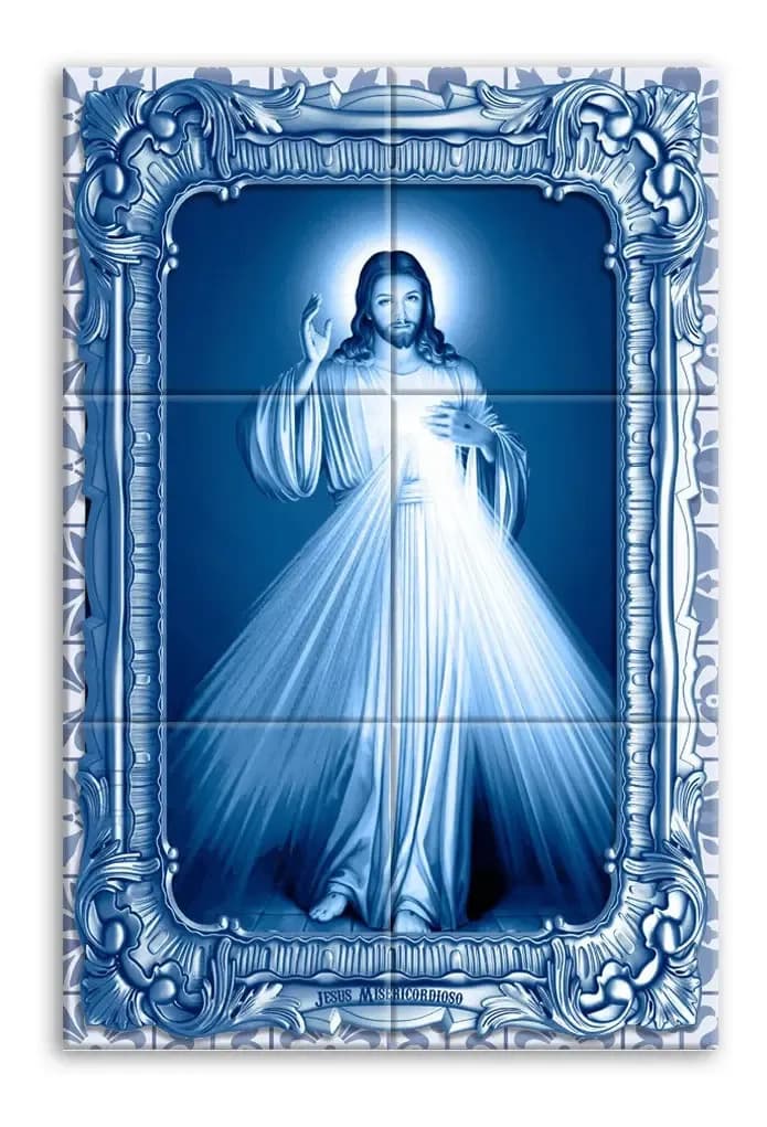 Quadro Personalizado Jesus Misericordioso Azulejo 31x46,5 Cm Azul