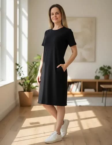 Vestido Curto Estiloso Malha 100% Algodão Com Bolso Lateral