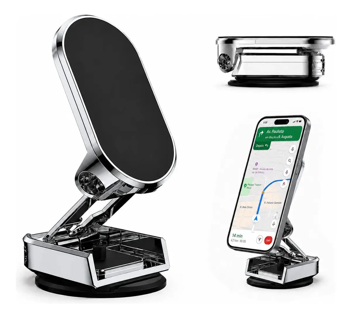 Suporte Celular Carro Magnético Rotativo 360° Dobrável Ventosa Suporte Celular Magnético Veicular Ventosa Sucção Academia Automotivo Portátil Dobrável Para Mesa Vidro Espelho Painel Fixa