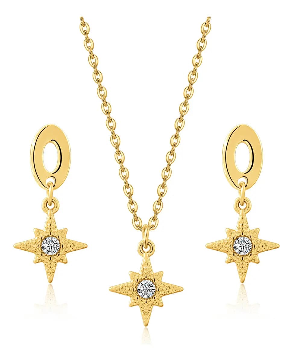 Conjunto Colar E Brinco Estrela Zircônia Dourado Luxo