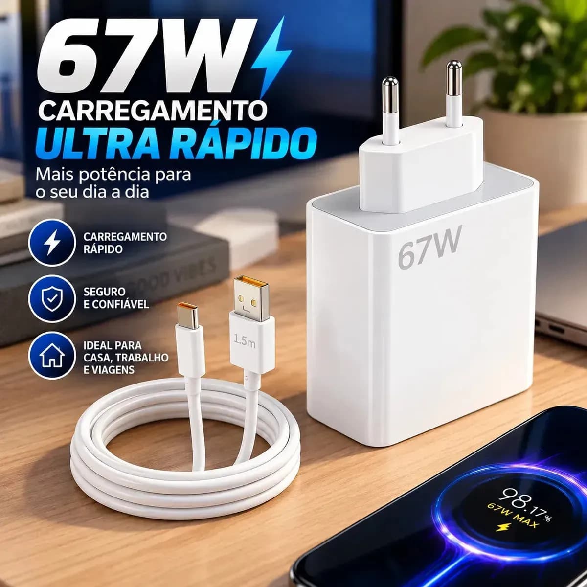 Carregador Turbo 67w Usb-c + Cabo Tipo C Branco