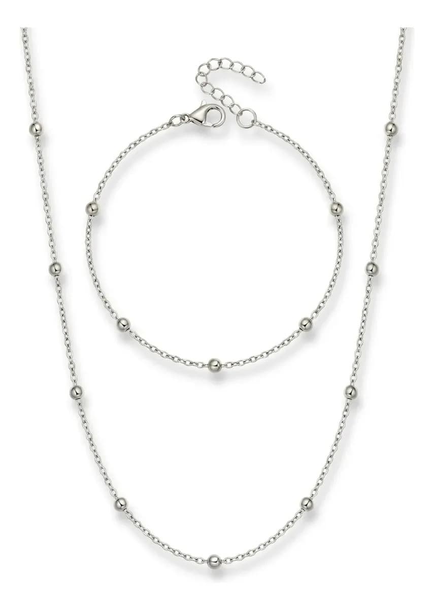 Kit Colar + Pulseira Feminina Bolinhas Aço Inox Prata