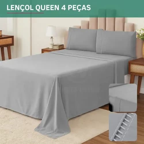 Kit Jogo De Cama Queen Percal 400 Fios Fronha Em Ponto Palito 4 Peças Maciez E Conforto Prolongado Cor Cinza Premium