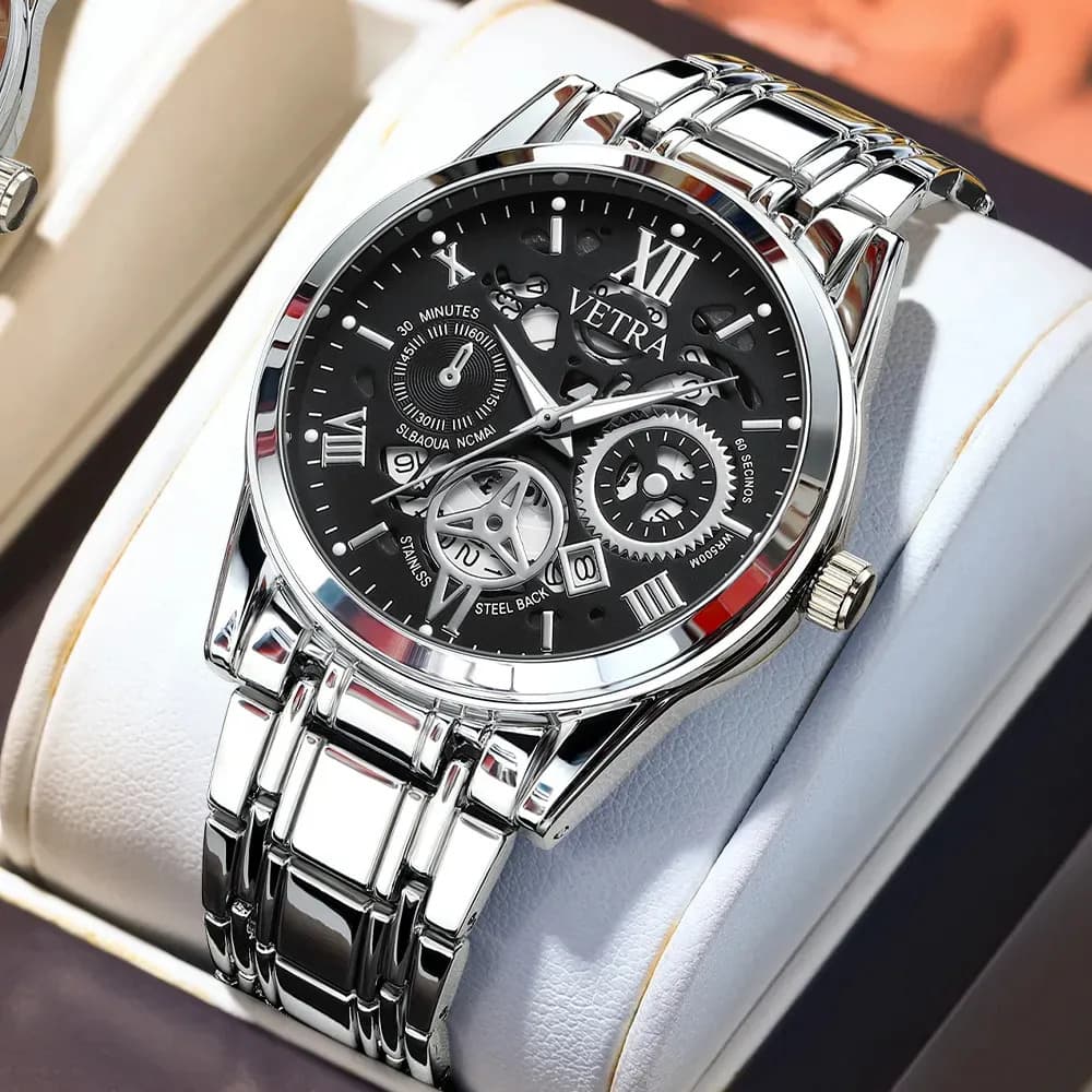 Vetra Relógio Masculino Social Relogio Quartz Luminoso 6201 Prateado Preto