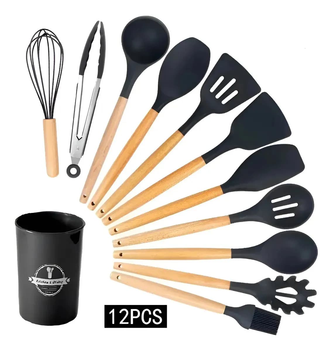 Kit 12 Utensilios Cozinha Silicone Cabo Madeira Preto Preto