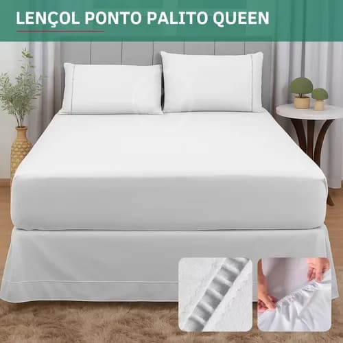 Kit Jogo De Lençol Queen 3 Pçs 400 Fios C/ Elástico Detalhe Ponto Palito Fronha Super Macio Confortável Hotel Cor Branco Premium