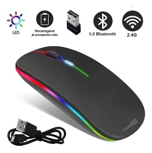 Mouse Sem Fio Recarregável Bluetooth 2.4GHz LED RGB Silencioso Ergonômico Casenn Para Notebook PC Tablet – Preto