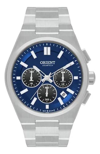 Relógio Orient Solartech Cronógrafo Mbssc274 D1sx Correia Prateado Bisel Prateado Fundo Azul