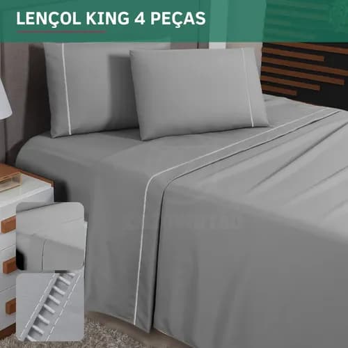 Jogo De Cama King 400 Fios Percal Ponto Palito 4 Peças C/ Elástico Maciez E Conforto Prolongado Resistente Cor Cinza Premium