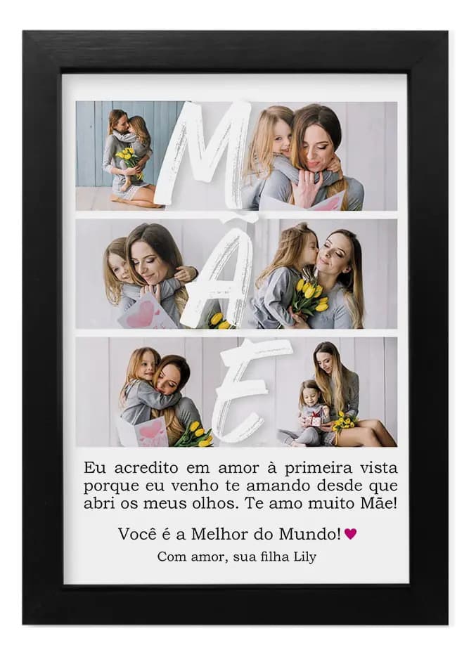 Presente Aniversário Mãe Quadro Personalizado Fotos Mensagem Cor Preto