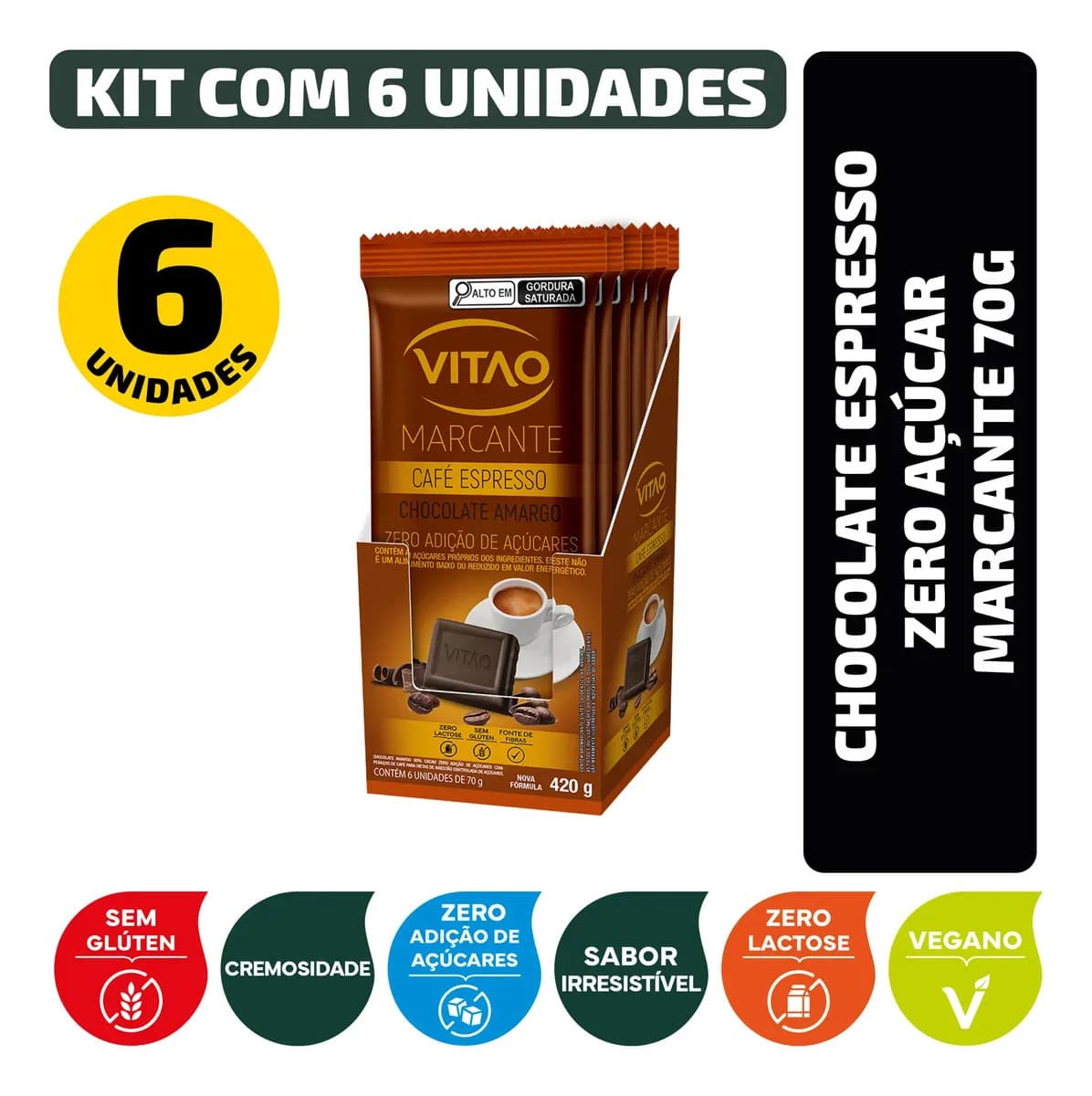 Kit Chocolate Espresso Zero Açúcar Marcante 70G - 6 Unidades