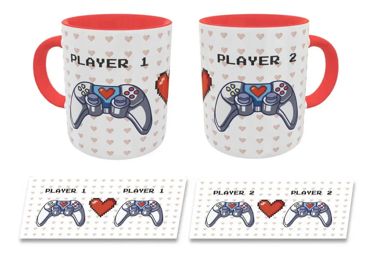 Caneca Casal Controle Player 1 E 2 Presente Namorados Geek