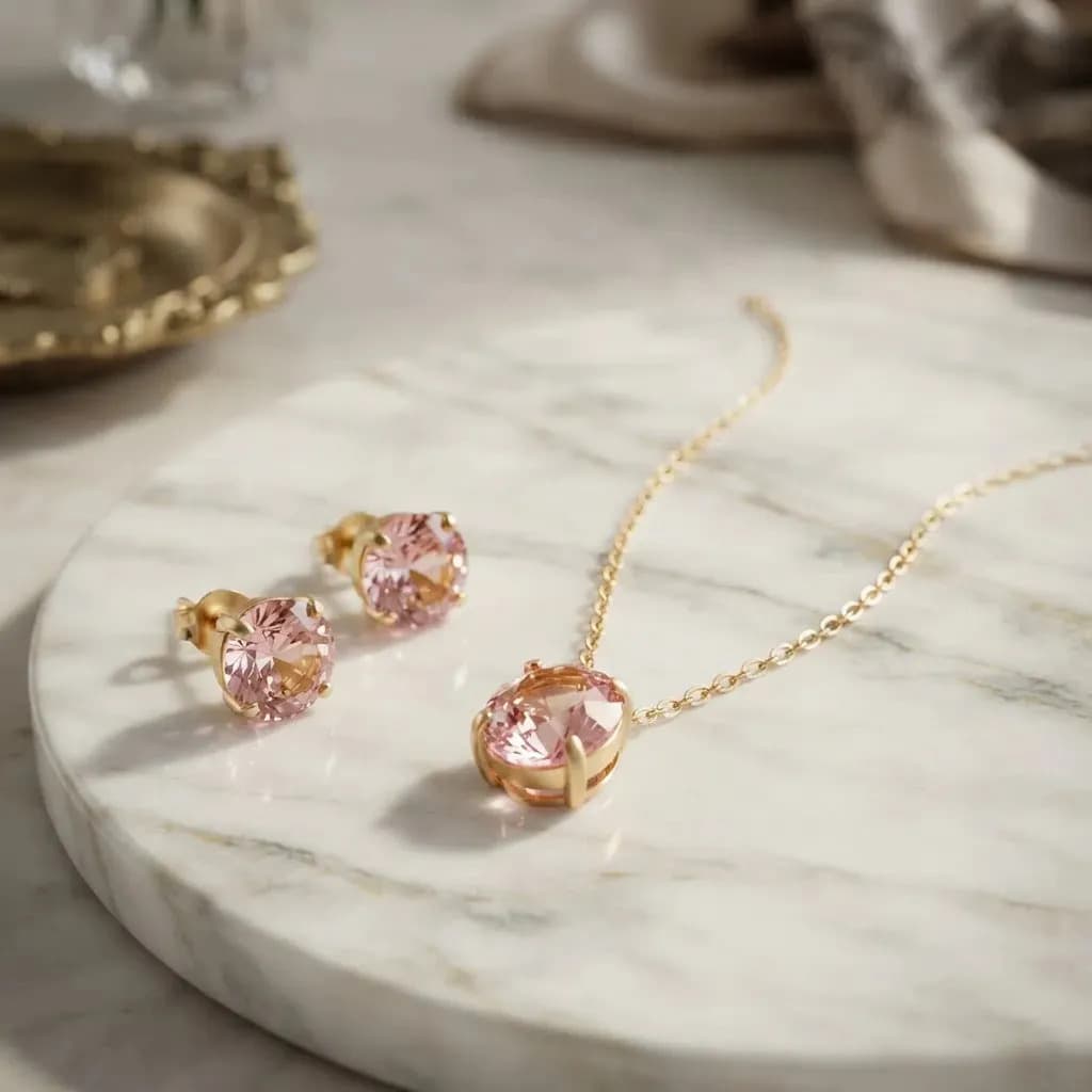 Conjunto colar + brinco cristal rosa