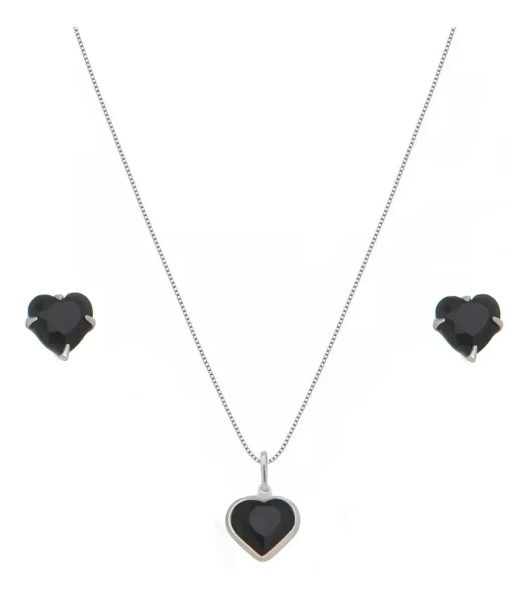 Corrente Prata Feminina Com Brinco Prata 925 Cor Preto