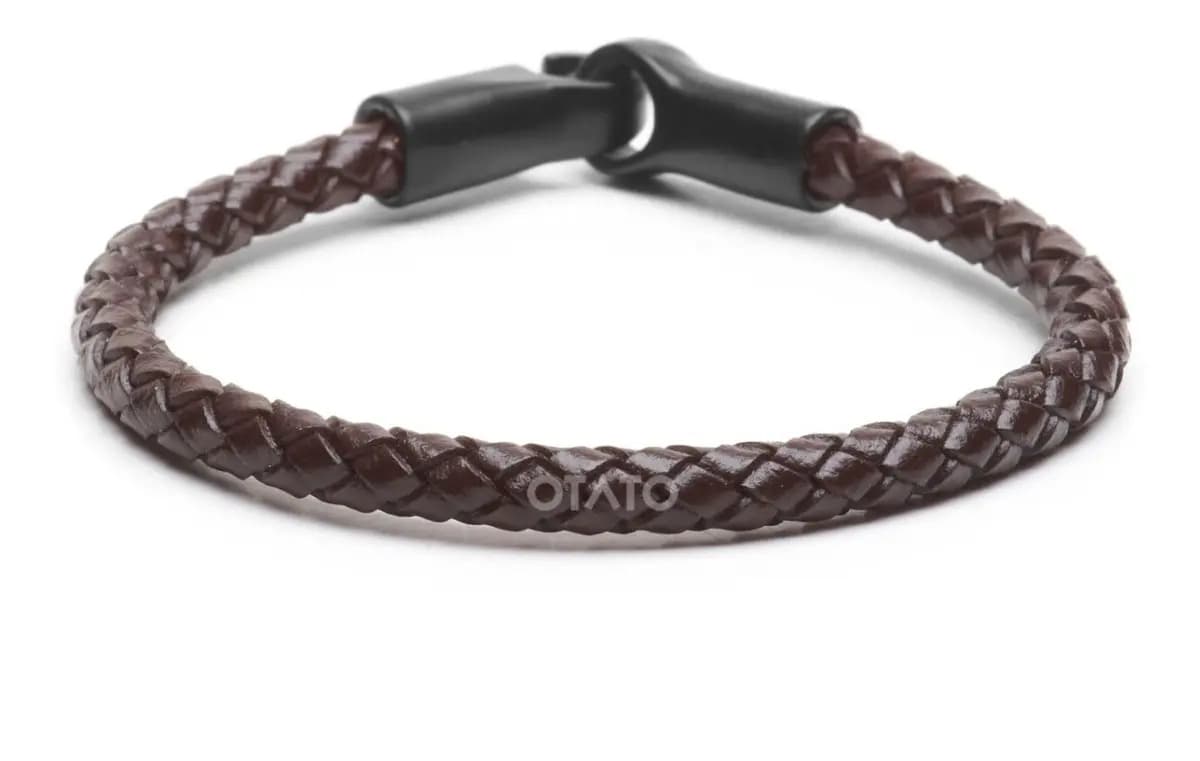 Pulseira masculina - Pulseira de couro trançado vegano orgânico - Fecho de pingente de aço - Pulseira masculina - Pulseiras masculinas marrom-escuras com diâmetro 0 mm de comprimento 0 mm de...
