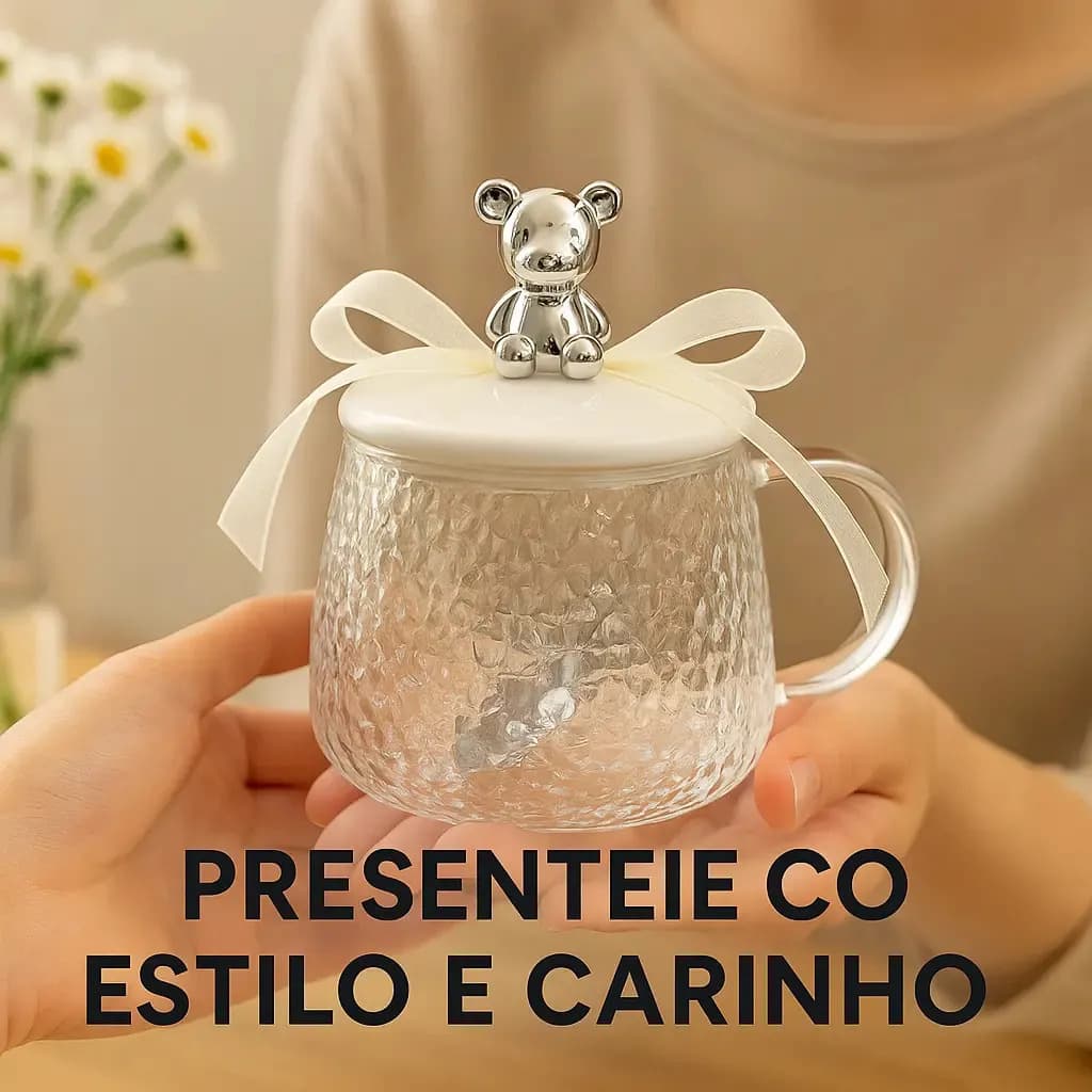 Caneca Com Tampa Urso Com Colher Branco Urso