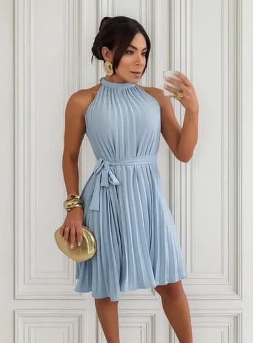 Vestido Feminino Curto Plissado Amarração Soltinho Tendência
