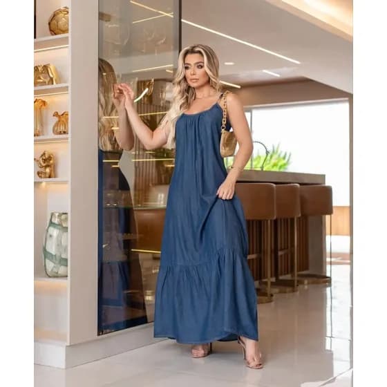 Vestido Jeans Longo Alça Ajustável Evase Costas Aberta Verão