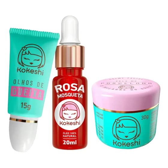 Kit Renovadores Faciais + Óleo De Rosa Mosqueta Kokeshi Com Óleo do arroz Farinha do arroz Óleo de rosa mosqueta Pantenol Óleo de amêndoa doce Chá verde e sálvia