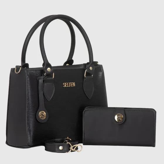 Kit Bolsa Media Feminina Transversal E De Mão Com Carteira Acambamento dos ferragens Ouro Cor Preto Desenho do tecido Lisa