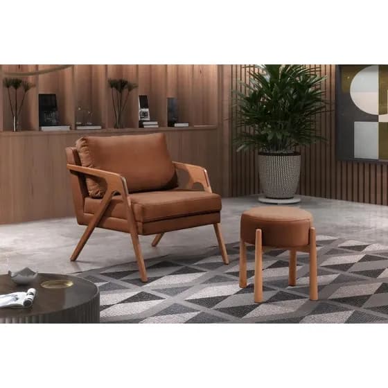 Poltrona Decorativa Mona Luxo Madeira Maciça Desenho Do Tecido Corino Caramelo