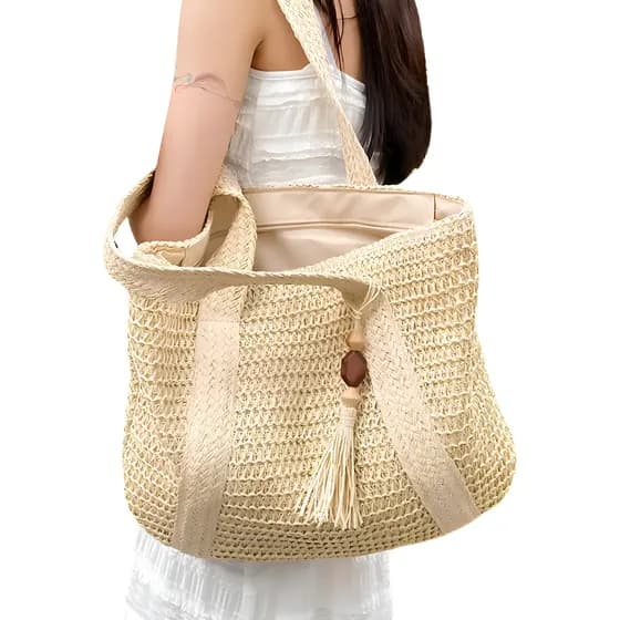 Bolsa Feminina De Palha Grande Luxo Praia Piscina Verão Cor Bege Desenho Do Tecido Lisa