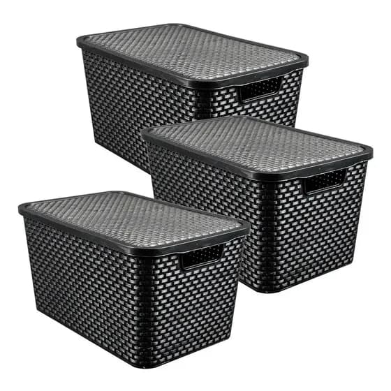 Caixas Organizadora Rattan 7 Litros C/ Tampa Preta Kit 3 Pçs Arqplast