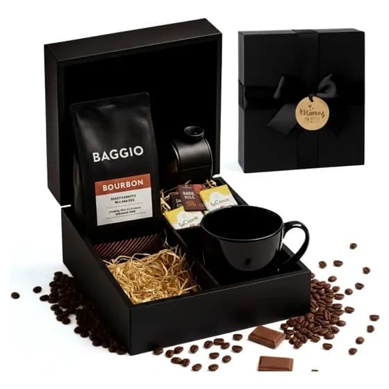 Kit Cesta Presente Café Gourmet Baggio com Chocolate e Filtro. Maleta de Madeira. O presente perfeito.