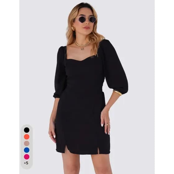 Vestido Casual Crepe Básico Acinturado Com Mangas E Fenda