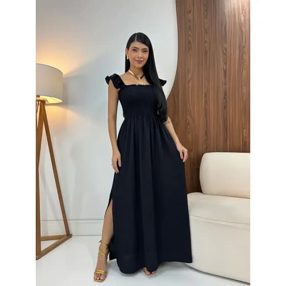 Vestido Longo Feminino Casual Lastex Alcinha Fenda Barato