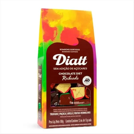Chocolate Diet Diatt 12 Bombons sem adição de açucar 180g Sabores Trufado - Paçoca - Avelã - Frutas Vermelhas Caixa presente