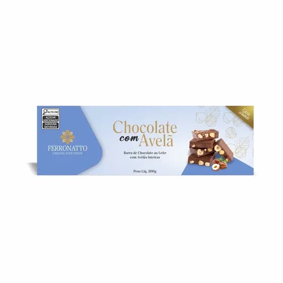 Barra de Chocolate ao Leite com Avelãs Inteiras 300g Ferronatto Chocolates – Chocolate premium com avelãs crocantes, sabor sofisticado, textura cremosa, ideal para presentear e compartilhar momentos
