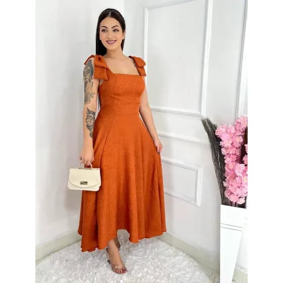 Vestido Midi Luxo Lisa Duna Linho Com Laço Na Manga 0150