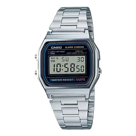 Relógio Unissex Casio Digital Esportivo A158wa-1df Prata Retrô Vintage Pulseira em Aço Inoxidável