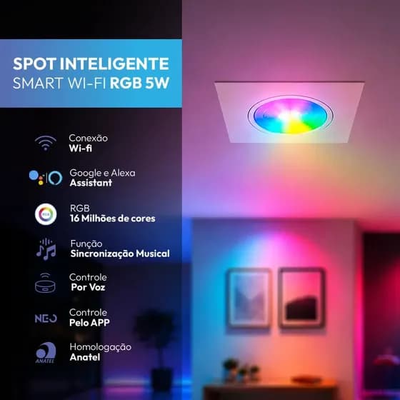 Spot Led Lampada Smart Inteligente Wi-fi 2.4 GHz Embutir 5w RGB 110v/220v Quadrado Branco Cod: 291990770 Neo Avant
